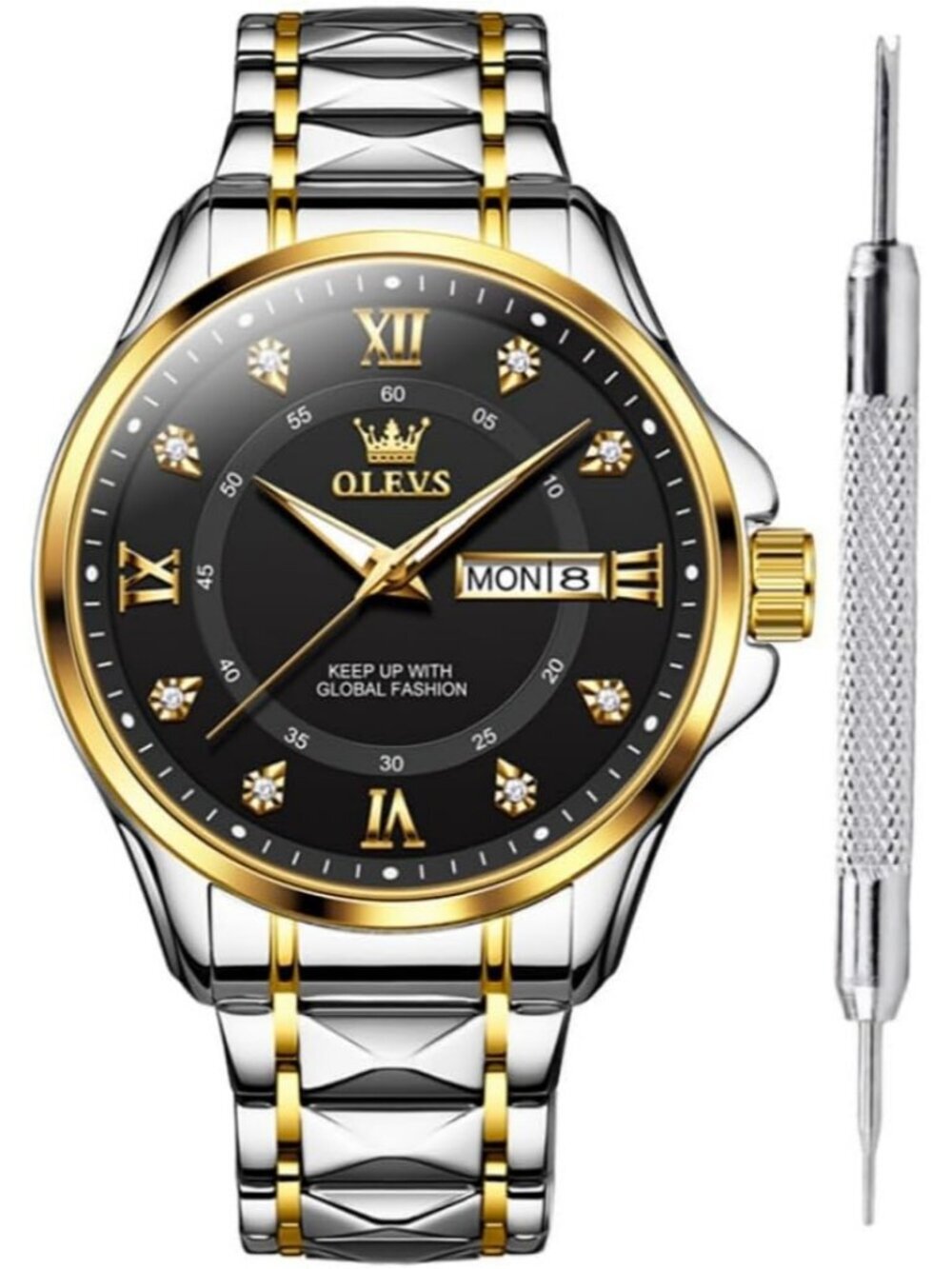 Olevs Men's Silver Gold Stainless Analog Quartz Waterproof Luminous Wrist Watch